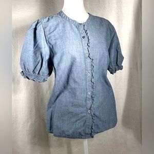 J. CREW denim-style blue short-sleeved button-up blouse, Size M
